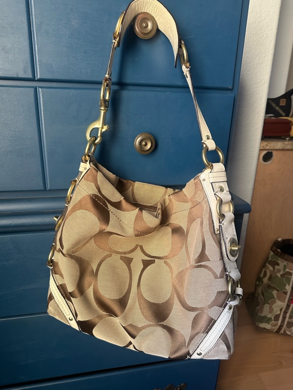 Coach Beige and Tan Signature Canvas Hobo Shoulder Bag
